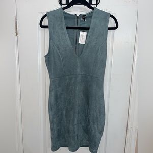 Windsor Tight V-Neck Suede Dress in Teal Blue NWT — L